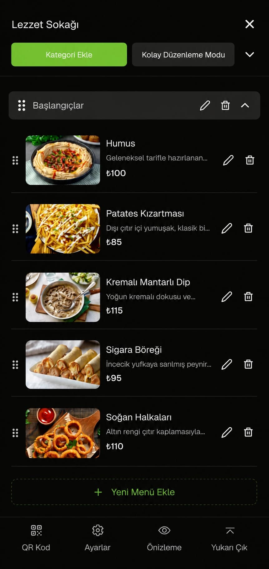 WeeMenu ürün ayarları ekranı