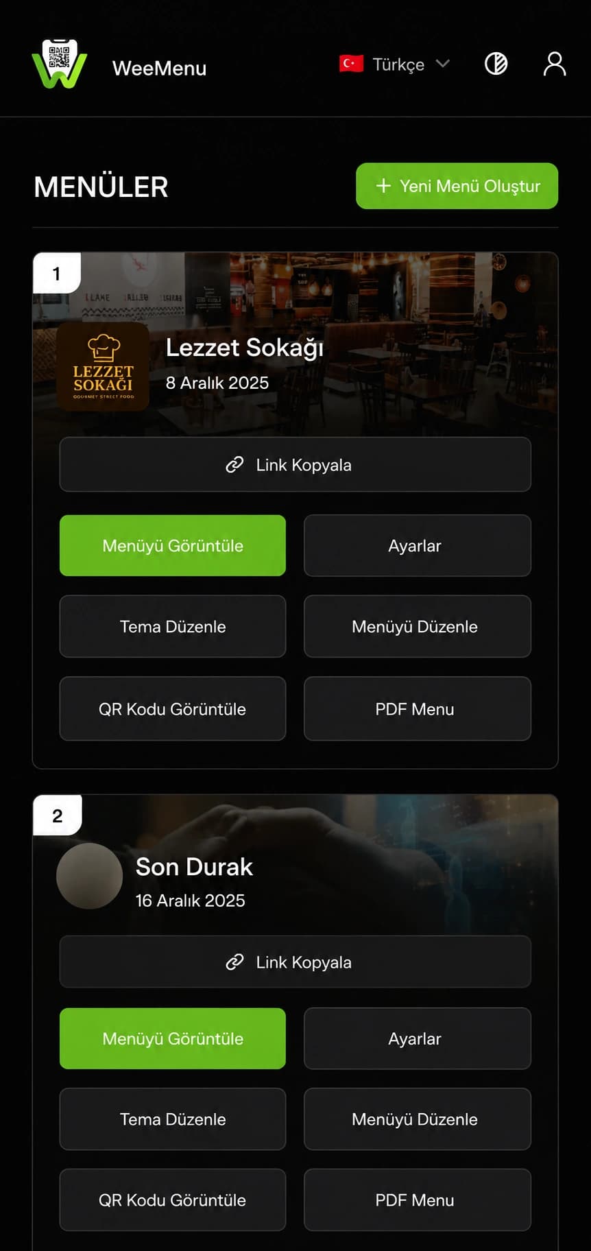 WeeMenu menü listesi ekranı
