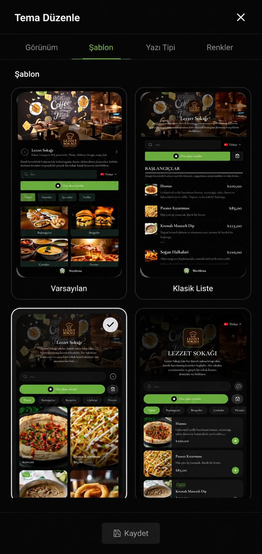 WeeMenu şablon ekranı